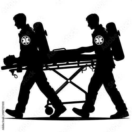Black and White Vector Silhouette of Paramedics Carrying Stretcher