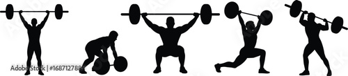Weightlifting silhouette vector set, barbell lifting poses, gym training exercise illustration, fitness strength workout icons, powerlifting clipart design