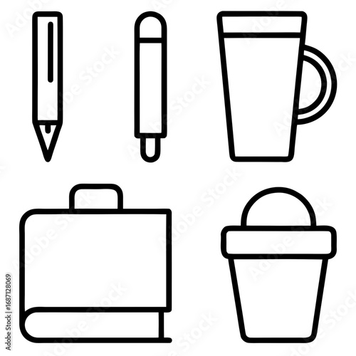 Office Supplies Vector Icon Set – Pen, Notepad, Paperclip, Coffee