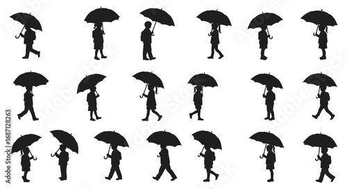 people walking under umbrellas in various poses
