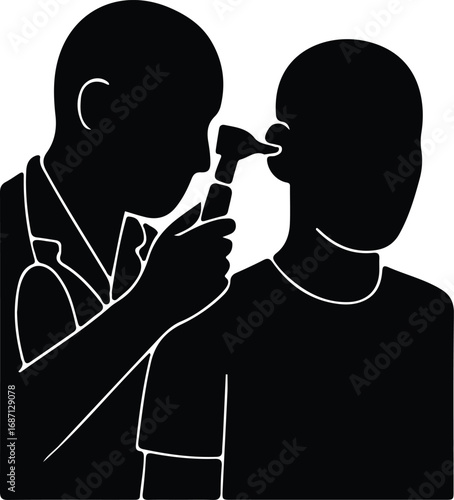 Vector Doctor examining childs ear with otoscope silhouette Illustrator