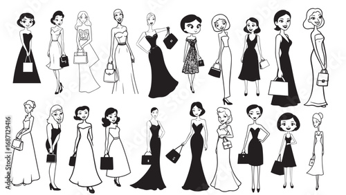 Beautiful Woman Formal Dress Standing Hold Bag Silhouette 2D Cartoon Character Black White Background