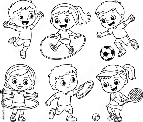 Black and white line art of happy children playing sports, hula hooping, jumping rope, soccer, tennis, and throwing frisbee