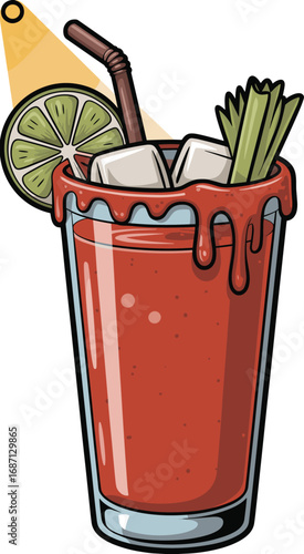 Cartoon Bloody Mary Cocktail in Glass with Lime, Celery, Ice, and Straw, Classic Drink Illustration, Bar Beverage Design