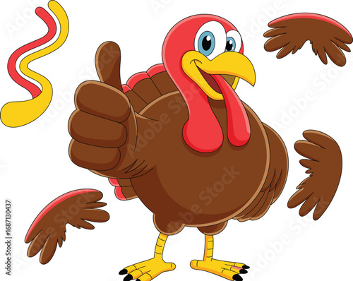 Cartoon Thanksgiving Turkey Character with Thumbs Up, Isolated on White, Funny Brown Bird, Cute Holiday Animal Clip Art