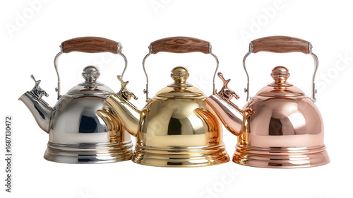 Premium Tea Kettles: A flat lay of premium tea kettles with polished finishes, isolated on a Transparent background, PNG file.