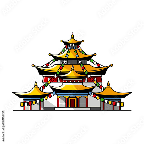Illustration of a traditional Tibetan Buddhist temple with colorful prayer flags strung across its tiered roofs.