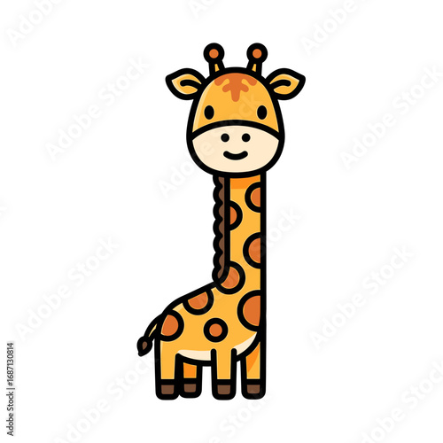 Cute cartoon giraffe standing upright, featuring a simple, friendly design with brown spots.