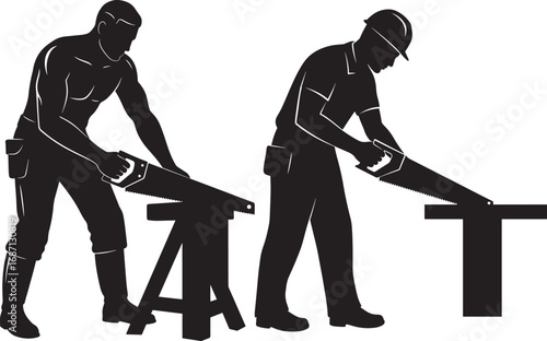 Carpenters Sawing Wood Silhouettes Vector