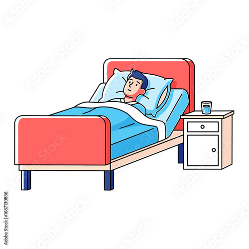A sick person resting in bed, with a glass of water on a bedside table.