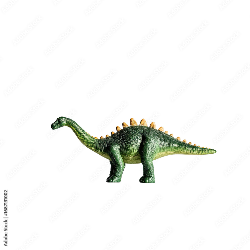 Obraz premium Side view of a green dinosaur toy with a long neck and a sail-like dorsal fin