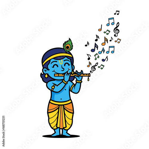 Cartoon depiction of Krishna playing a flute, with musical notes floating from the instrument.