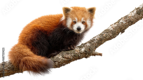 Red Panda in the Forest: A red panda perched on a tree branch in a forest, isolated on a Transparent background, PNG file.