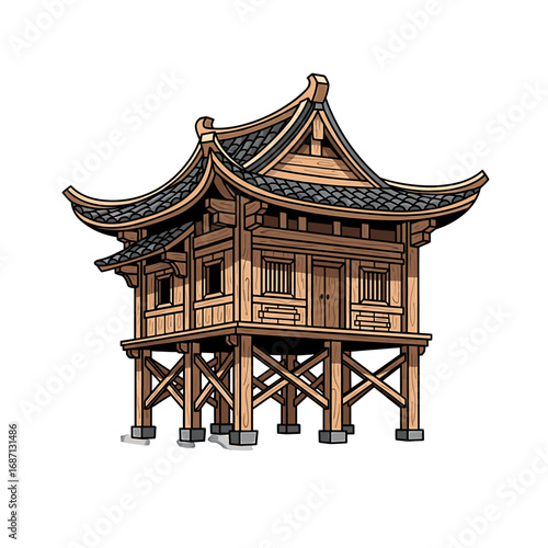 A detailed illustration of a traditional wooden Asian structure elevated on stilts.