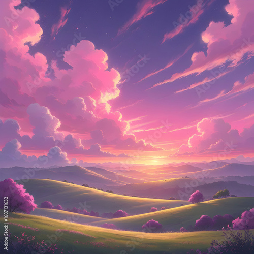Pink Sunset Landscape: Dreamy Hills, Vibrant Clouds, Serene Nature Scenery
