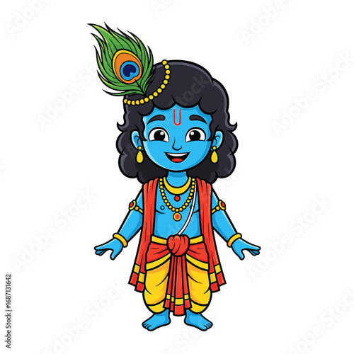 Cartoon illustration of Lord Krishna, a Hindu deity, smiling and standing.