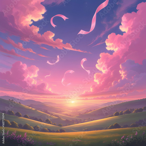 Pink Sunset Landscape: Serene Rolling Hills & Floating Ribbons