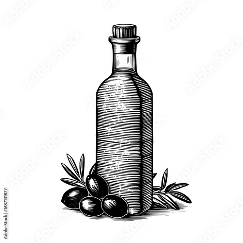A bottle of olive oil with black olives