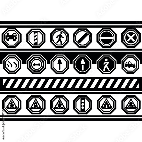 Black and white road signs collection with traffic symbols and warnings warning signs regulatory signs