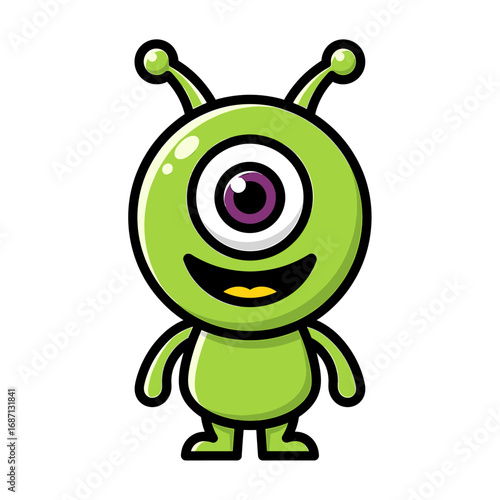 Cartoon alien character, friendly and round, with one large eye and antennae.