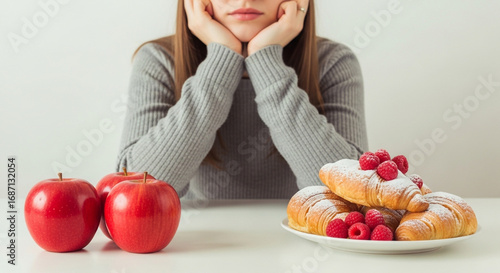 Diet decision dilemma woman choosing healthy apples or sugary croissants with raspberries temptation