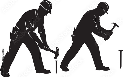 Construction Workers with Wheelbarrow Silhouettes Vector