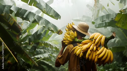 A man in a straw hat carries a bunch of yellow bananas on his back. The scene is set in a tropical environment with lush green foliage.