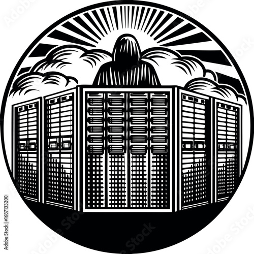 Hooded figure behind server racks under radiating lines data center technology