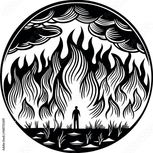 Solitary figure amidst raging flames and stormy skies fire inferno