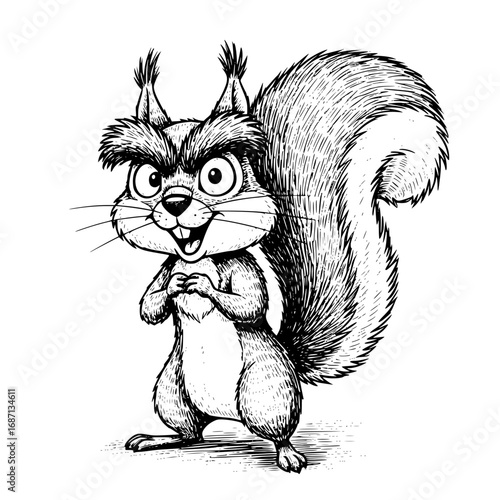 A cute, cartoon squirrel with expressive eyes and bushy tail, brimming with playful mischief and cheer. A delightful illustration bursting with charm and humor. vector illustration