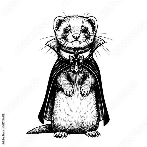 A charming illustration of a ferret dressed in a dapper vampire ensemble, exuding an air of whimsy and playfulness. Its striking appearance makes it a captivating piece for Halloween-themed art.