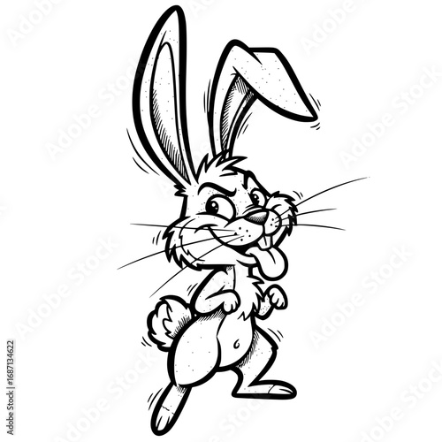 A playful cartoon rabbit shows a sense of humor with an expressive face and raised leg. Capturing a moment of mischief and fun with a unique, expressive line art style. vector illustration
