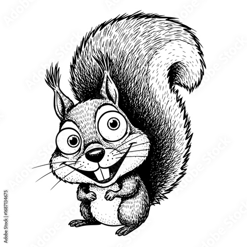 A charming monochrome illustration of a squirrel captures its playful essence. The illustration features a cartoon squirrel. vector illustration