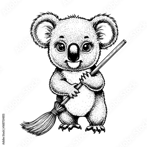 A cute cartoon koala holding a broom with a happy, cheerful expression. The charming, endearing illustration shows its gentle, amicable character. vector illustration  