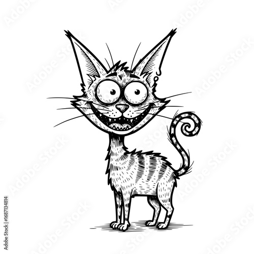 A whimsical cartoon cat with wide eyes and a mischievous grin stands out, offering a charming yet slightly eccentric representation, inviting viewers into a realm of fantasy and amusement.