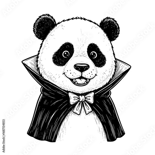 A whimsical cartoon illustration of a panda dressed as a vampire, set against a clean background. Perfect for Halloween designs, this playful image adds a touch of spooky fun.
