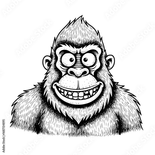 A bold, black and white cartoon illustration of a friendly gorilla, featuring expressive eyes and a toothy grin, captures the essence of charm and lightheartedness. vector illustration