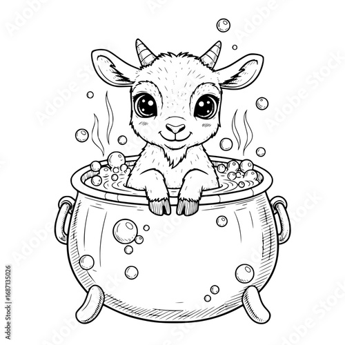A cute baby goat takes a relaxing bubble bath, embodying pure joy and innocence in a heartwarming scene. vector illustration
