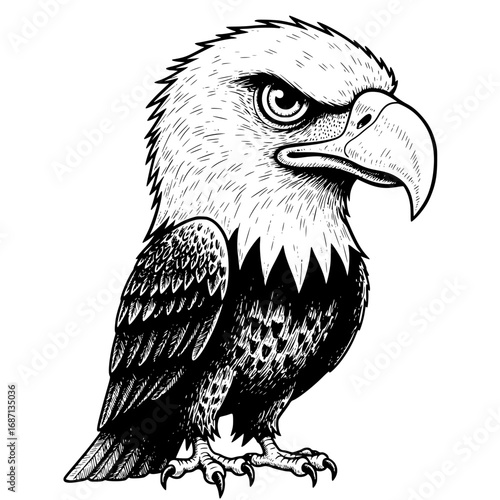 A commanding close-up illustration of a bald eagle, its intense gaze and sharp beak hinting at strength and majesty. The intricate line art emphasizes the textures of the eagle's feathers.