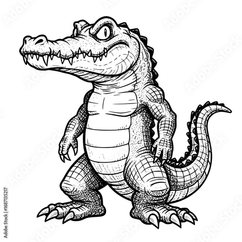 A stylized monochrome illustration showcases a formidable alligator, standing upright with a menacing gaze. This artwork captures the powerful essence of a reptile in a dynamic.