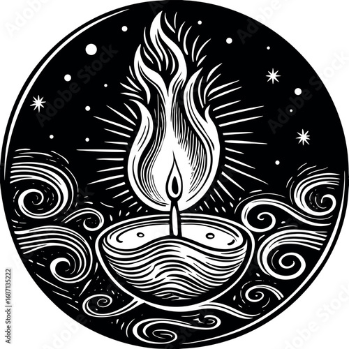 A stylized flame burning brightly within a circular frame fire light