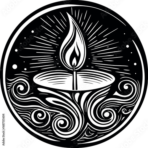 Black and white stylized flame in a circular frame fire light
