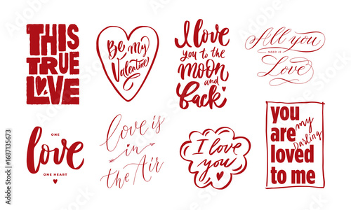Love emblem, heart valentines day lettering, romantic calligraphy, vector emblem set