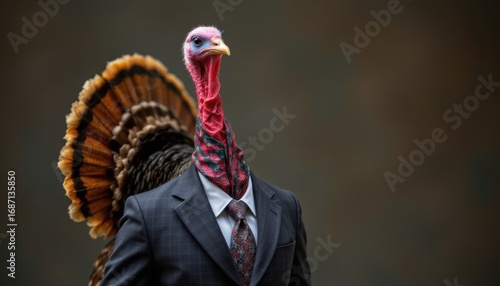 create a unique and eye catching portrait of a turkey dressed in a formal business suit, the turkey should be positioned at the bottom center of the image