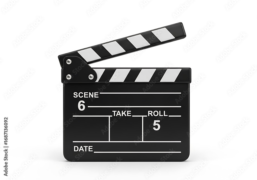 Fototapeta premium Black Movie Clapperboard with White Stripes Open on White Background film cinema