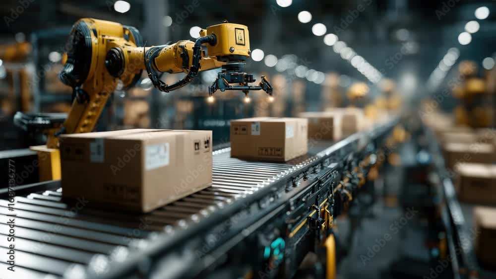 Automated warehouse with robotic arms sorting packages on conveyor belt ...