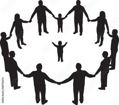 People forming circle around child silhouette