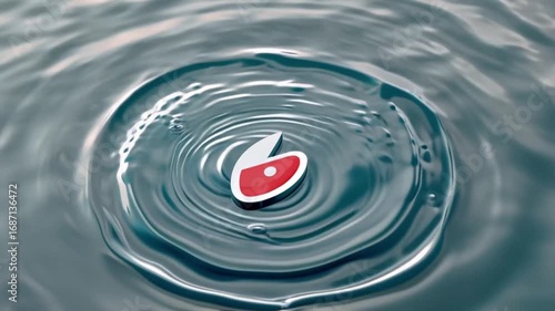 Dynamic Visuals Red and White Logo Design Floating Rippling Water Surface with Engaging Motion and Fluidity, Featuring Serene Scene of Small Red Paper Boat and Vibrant Blue and Pink Object Creating