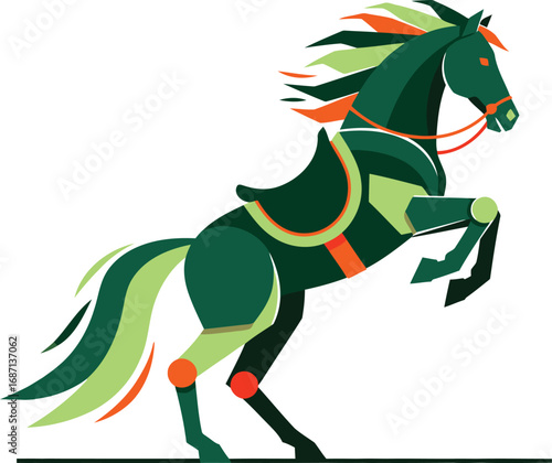 Emerald green stallion rearing up on hind legs representing freedom and power with abstract shapes