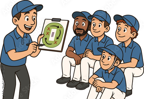 Coach explaining cricket strategy on a clipboard to players